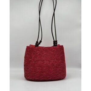 Vintage SunBay Handbags Red Straw Satchel Bag Purse w/Leather Handles Wood Beads